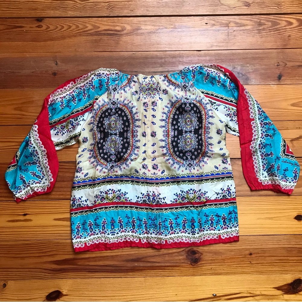 Johnny Was Sundance Red Blue Beige Silk 3/4 Peasant Top, EUC, S - Picture 6 of 12